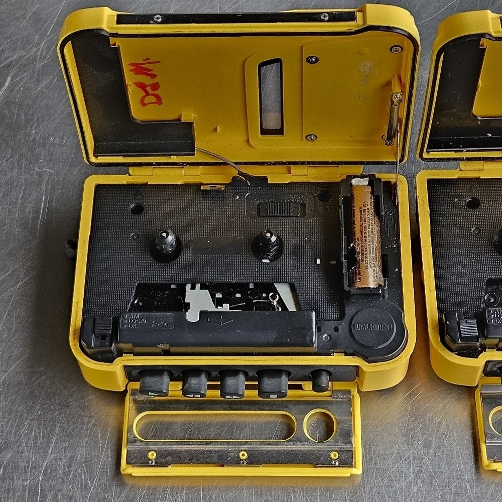 TWO Vintage Sony Yellow Sports Walkman WM-AF58 Radio Cassette Player Solar Alarm